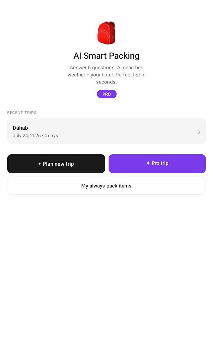 AI Smart Packing home screen with a recent trip and buttons to plan a new trip, start a Pro trip and edit always-pack items