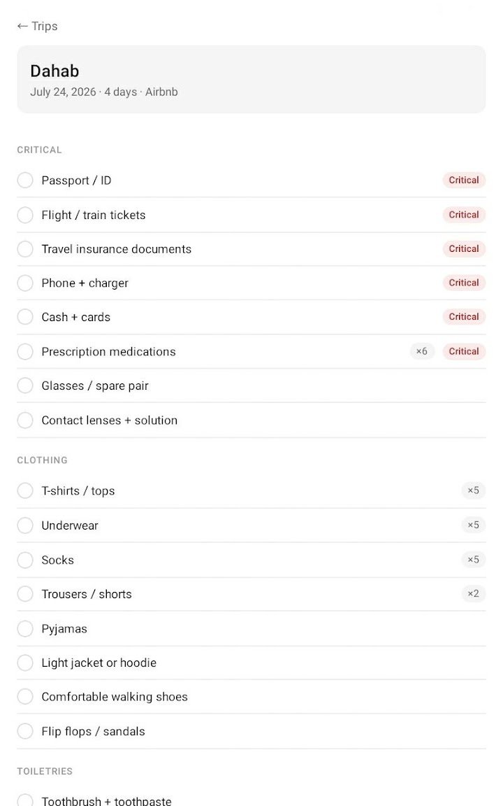AI Smart Packing generated packing list for a four-day trip, grouped into critical items, clothing and toiletries