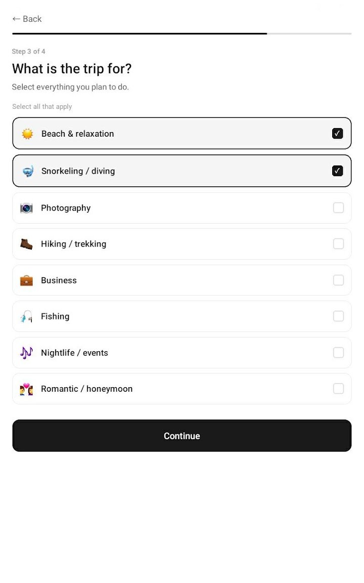 AI Smart Packing trip question screen asking what the trip is for, with options such as beach, snorkeling, hiking and business
