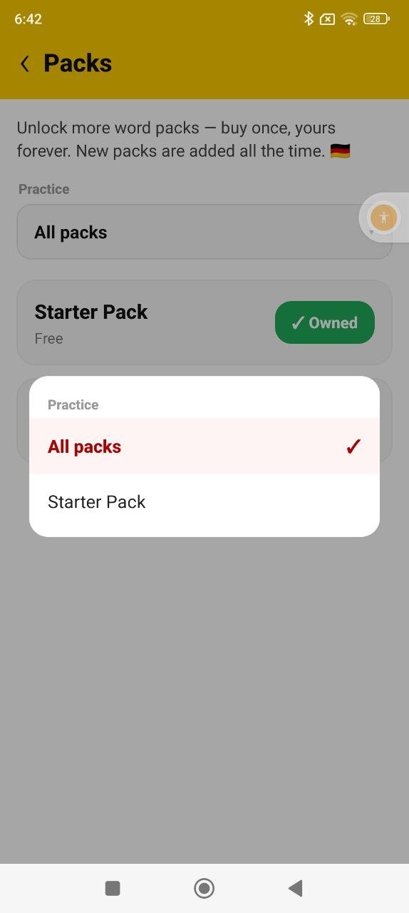 Holly Deutsch - German Tutor word packs screen showing the free Starter Pack as owned