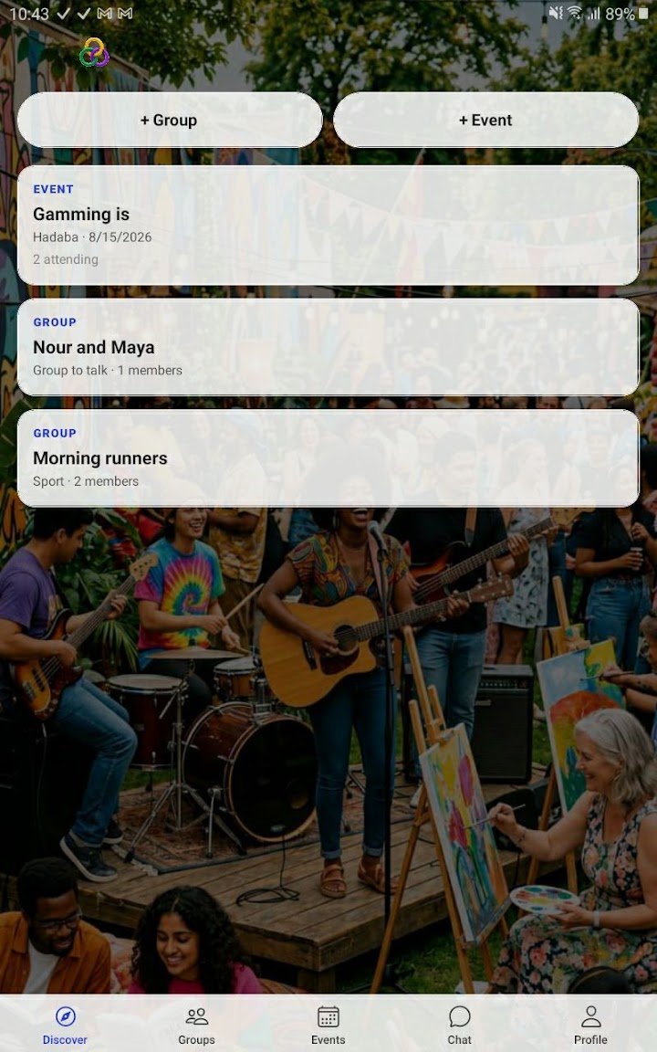 Gather Up app screen showing a list of groups such as Morning runners, with buttons to add a group or a card