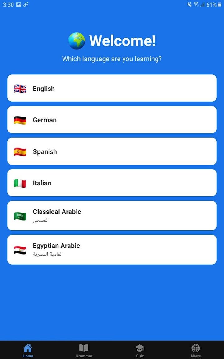 Learner app welcome screen asking which language you are learning, with English, German, Spanish, Italian, Classical Arabic and Egyptian Arabic