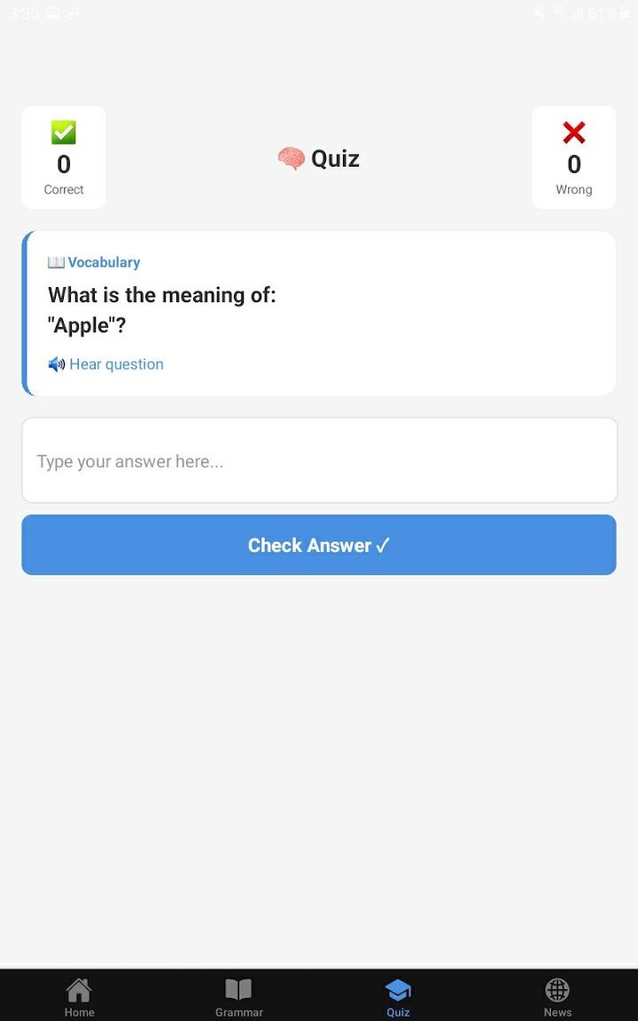 Learner app quiz screen asking for the meaning of a saved word