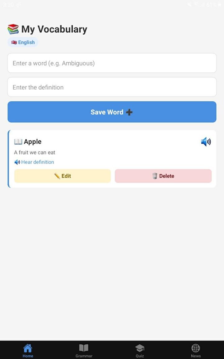 Learner app My Vocabulary screen with a saved word and its definition