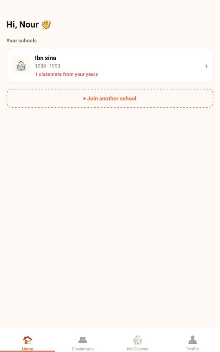 Reclass app home screen listing your school and the classmates from your year
