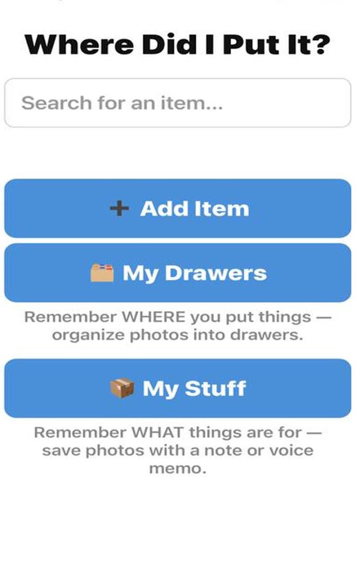 Refindo home screen asking Where Did I Put It, with a search box and Add Item, My Drawers and My Stuff buttons