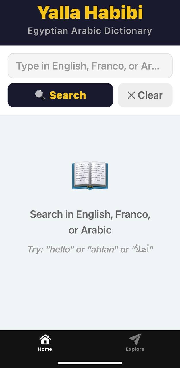 Yalla Habibi dictionary screen with a search box that accepts English, Franco or Arabic